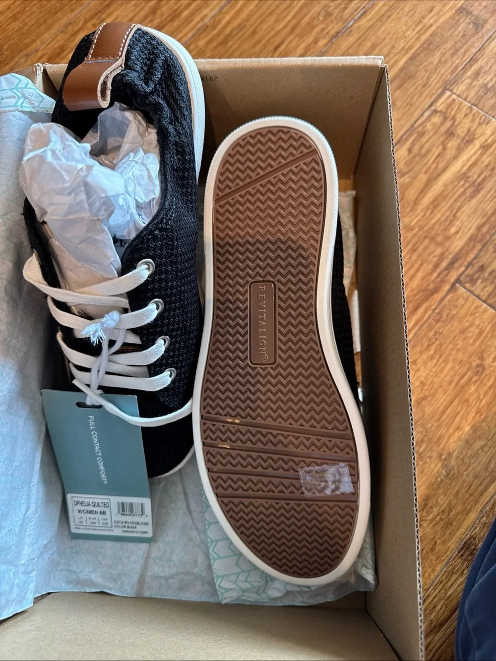 REVITALIGN Black Knit Lace-Up Sneakers with White Laces and Brown Heel Tab
